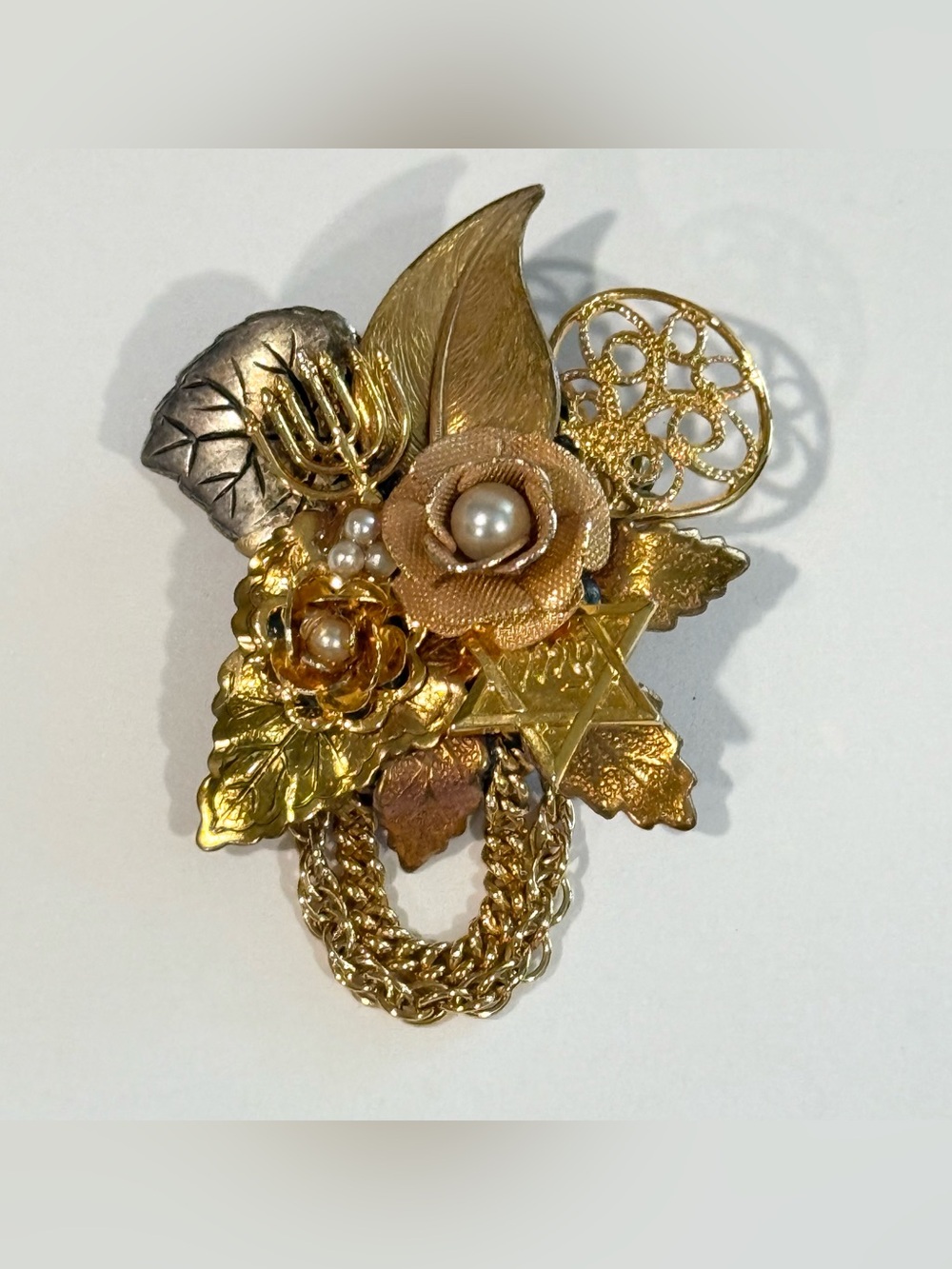 Vintage Jewish Amulet Brooch Magen Star Of David Faux Pearl Menorah Judaism